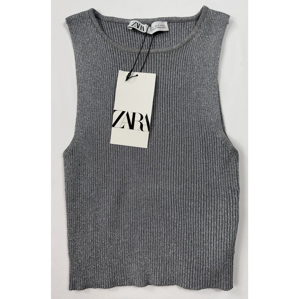 NWT Zara Silver Knit Metallic Thread Sleeveless Top & Midi Skirt Set Sz S - Picture 4 of 11
